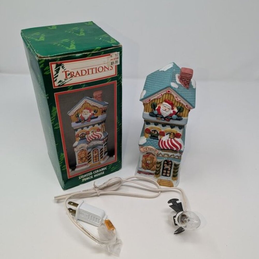 NEW VTG Traditions Lighted Ceramic Toy Shop Store Santa Christmas Pencil House